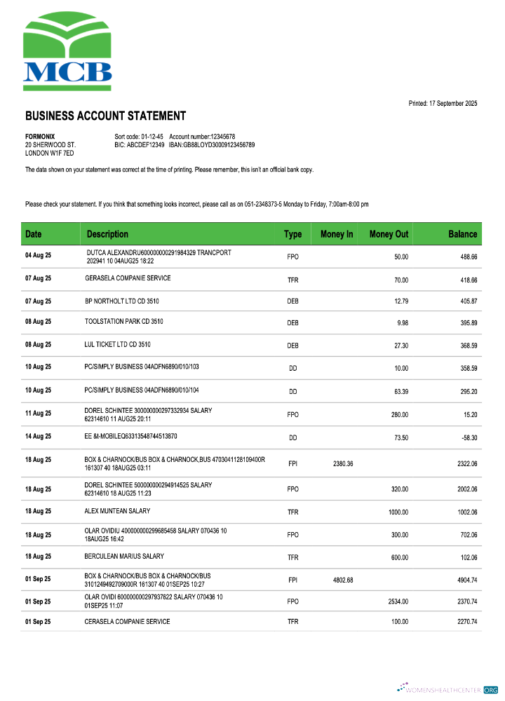 Download Pakistan MCB business checking account statement Word and PDF template Photoshop template
